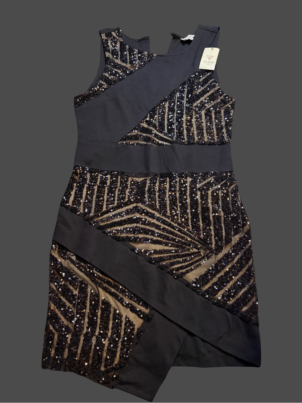 Guess Black Sequin Midi Dress with Nude Underlay